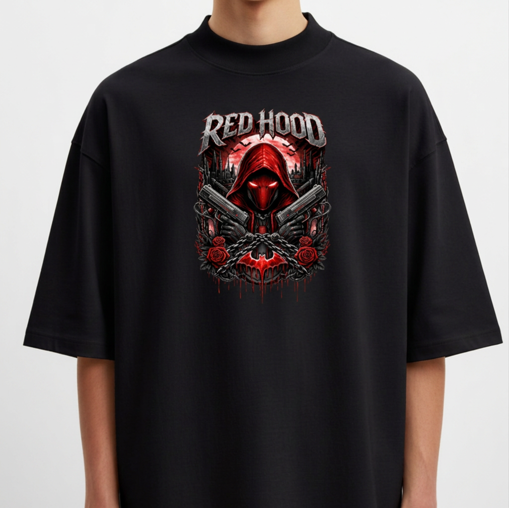 Camiseta com estampa frontal de figura encapuzada vermelha, cercada por armas cruzadas, rosas e arranha-céus ao fundo, sob a inscrição “Red Hood”.