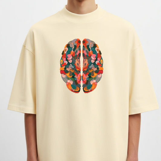 Camiseta com estampa frontal de um cérebro estilizado composto por formas semicirculares, sobrepostas em padrão complexo de tons variados.