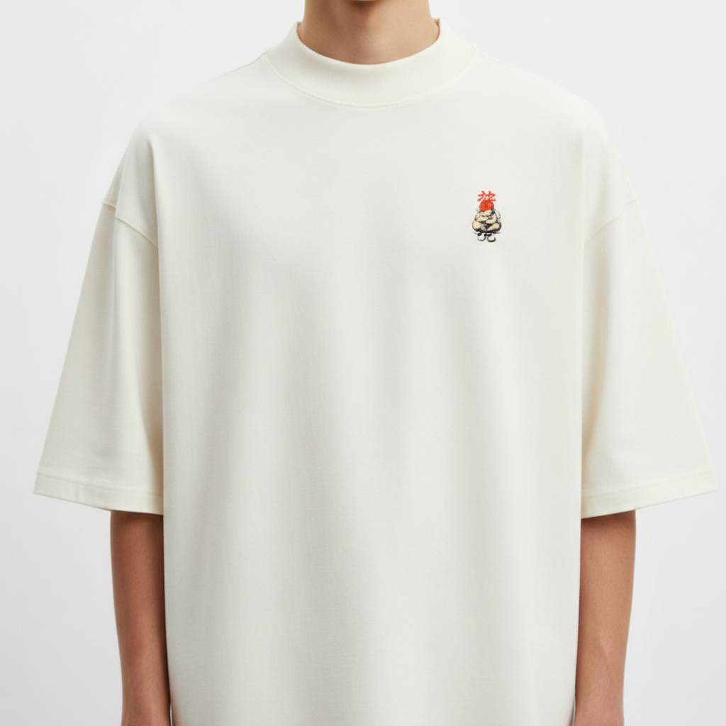 Camiseta com estampa frontal de personagem com expressão confiante e cabelo espetado e estampa traseira de olho dramático cercado por rachaduras com símbolo.