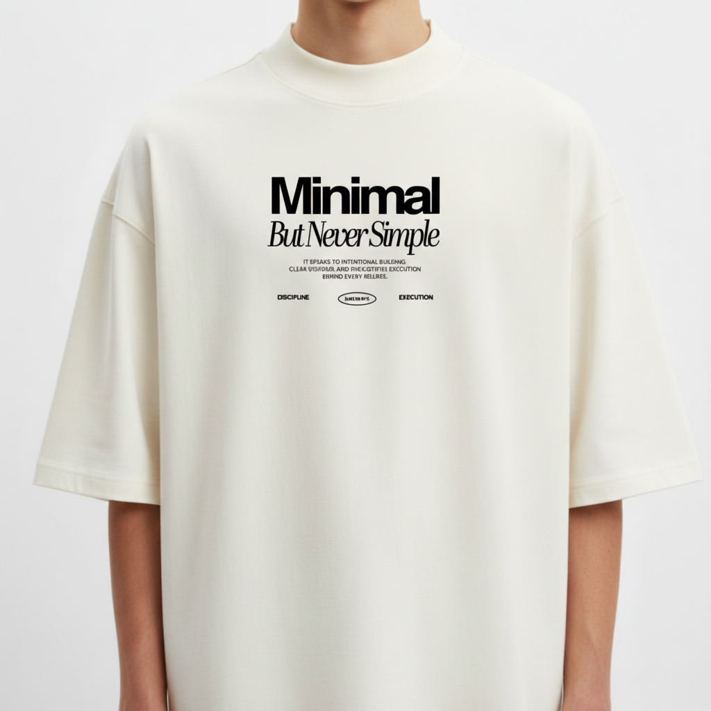 Camiseta com estampa frontal de texto destacando as palavras "Minimal But Never Simple", acompanhada de pequenos textos e símbolos abaixo.