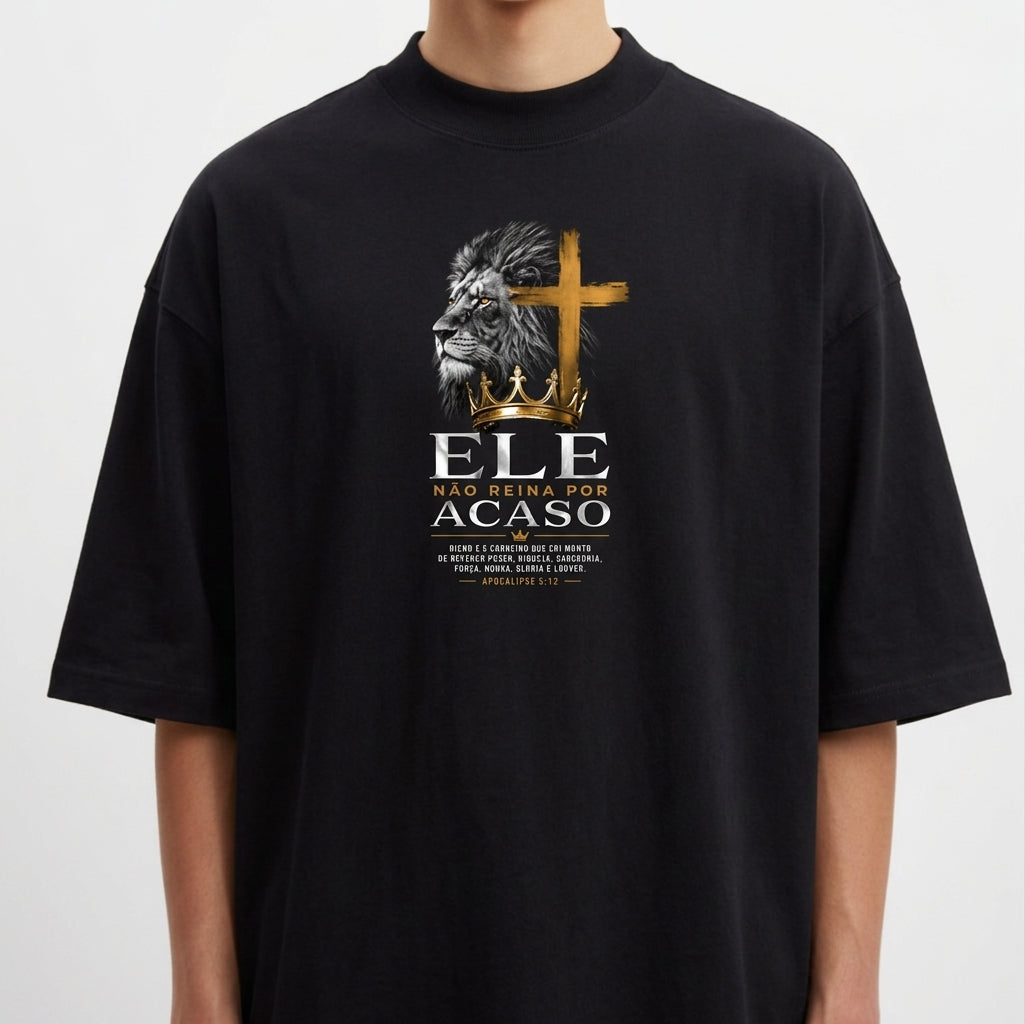 Camiseta com estampa frontal de leão em perfil ao lado de uma cruz, seguida pela frase "Ele não reina por acaso" e texto menor detalhando uma passagem.