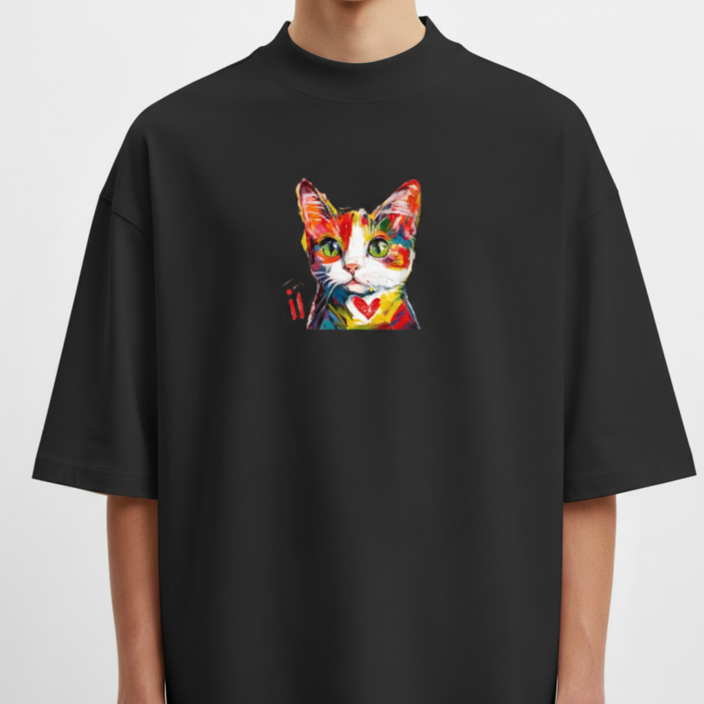 Camiseta com estampa frontal de rosto de gato estilizado, usando traços coloridos e vibrantes, destacando olhos expressivos e um coração no peito.