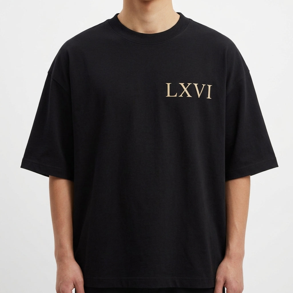 Camiseta com estampa frontal de "LXVI" em estilo clássico e estampa traseira de colunas gregas com "LXVI", grafite, "Raccon Team" e "MMXXVI".