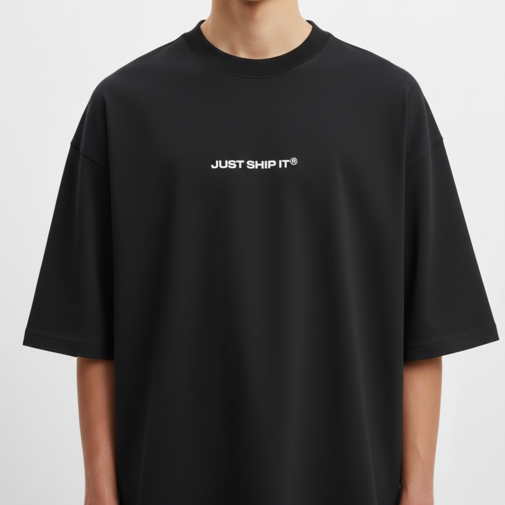 Camiseta com estampa frontal de "Just Ship It" e estampa traseira com frases "Startup Citizen, Born to Build, Forced to Iterate, Code: 1173211, Future Under Construction, Just Ship It".