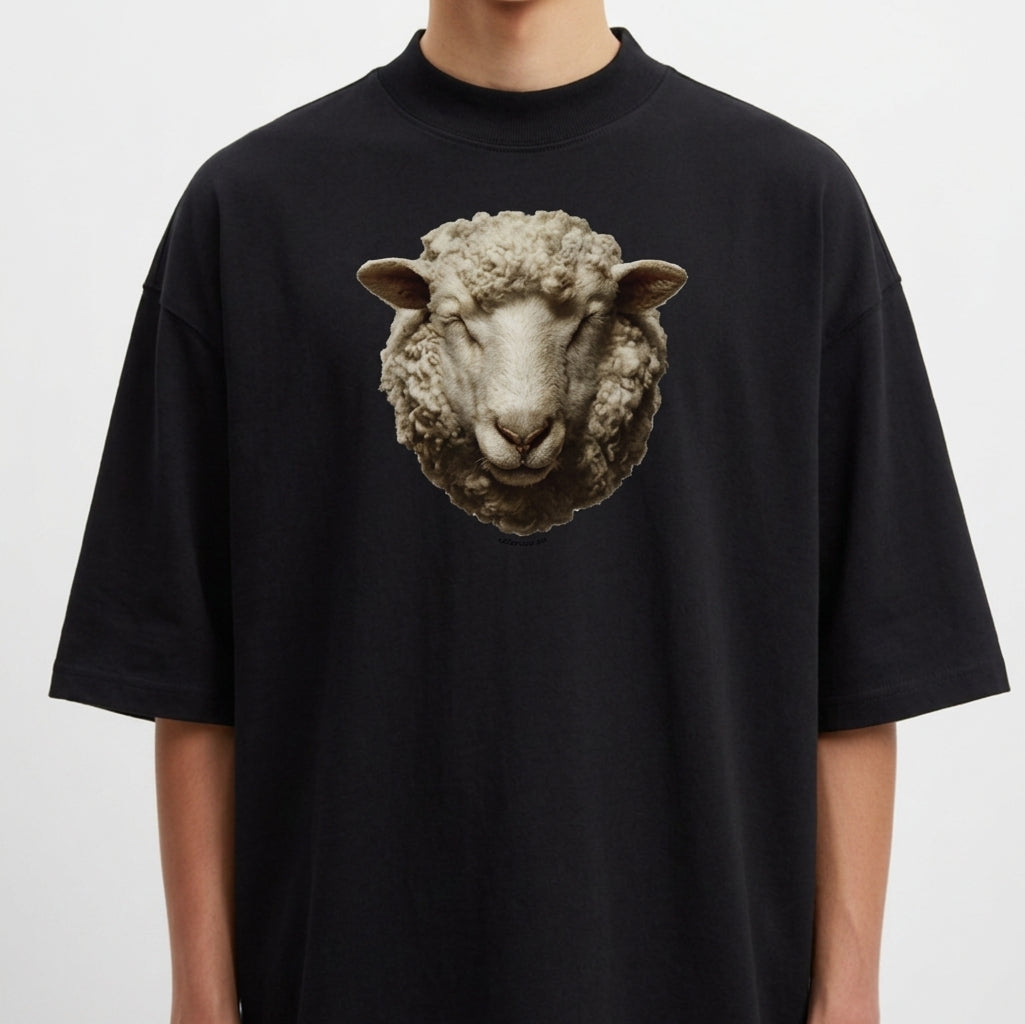 Camiseta com estampa frontal de uma cabeça detalhada de carneiro, mostrando traços realistas e expressão serena em foco central.