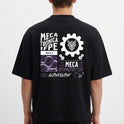 Camiseta com estampa frontal de logo e texto do Instituto Federal Campus Caruaru e estampa traseira de engrenagem, texto "Mecatrônica IFPE" e elementos gráficos.