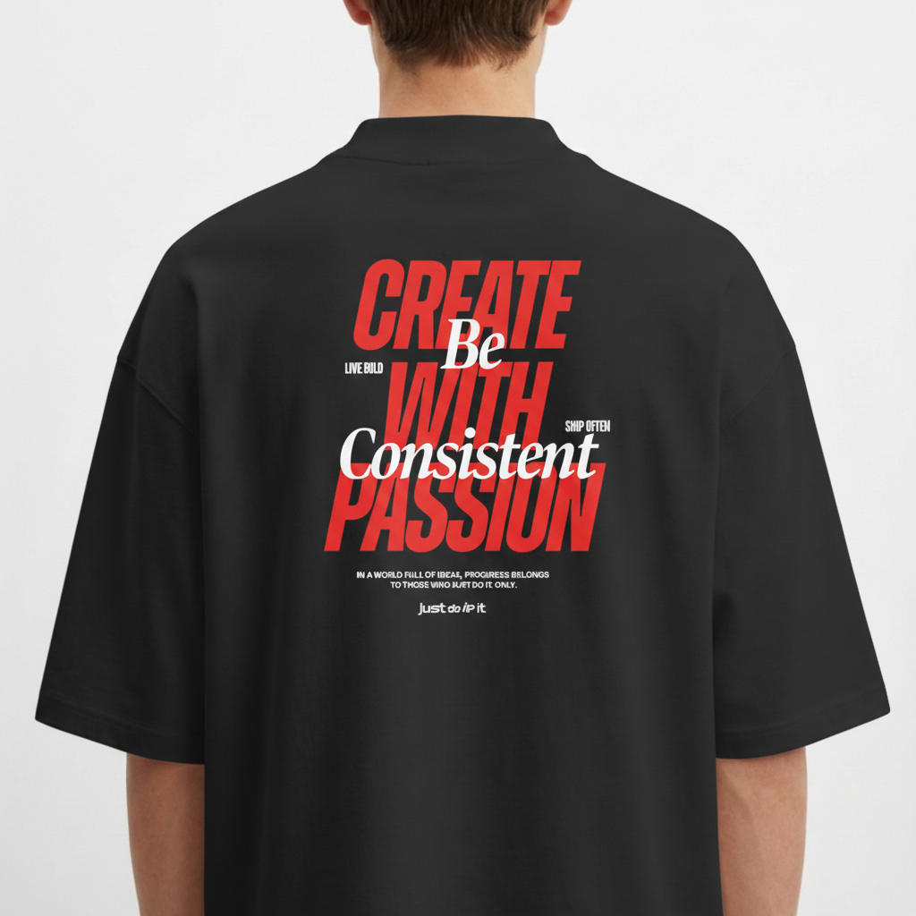 Camiseta com estampa frontal de "CREATE WITH PASSION" e texto de apoio menor, e estampa traseira elaborada de "CREATE WITH PASSION" e "Be Consistent".