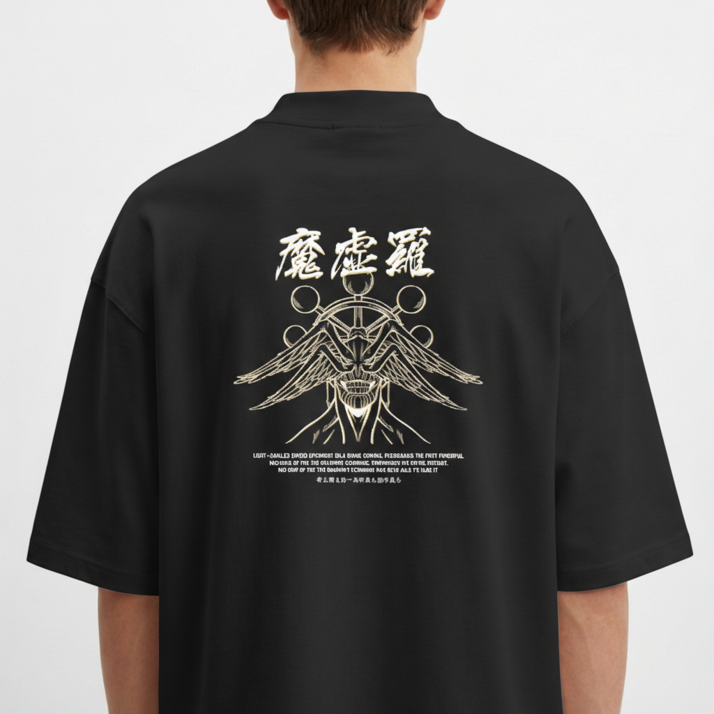 Camiseta com estampa frontal de mãos segurando uma flor estilizada e estampa traseira de design com asas, círculos e texto em estilo asiático.