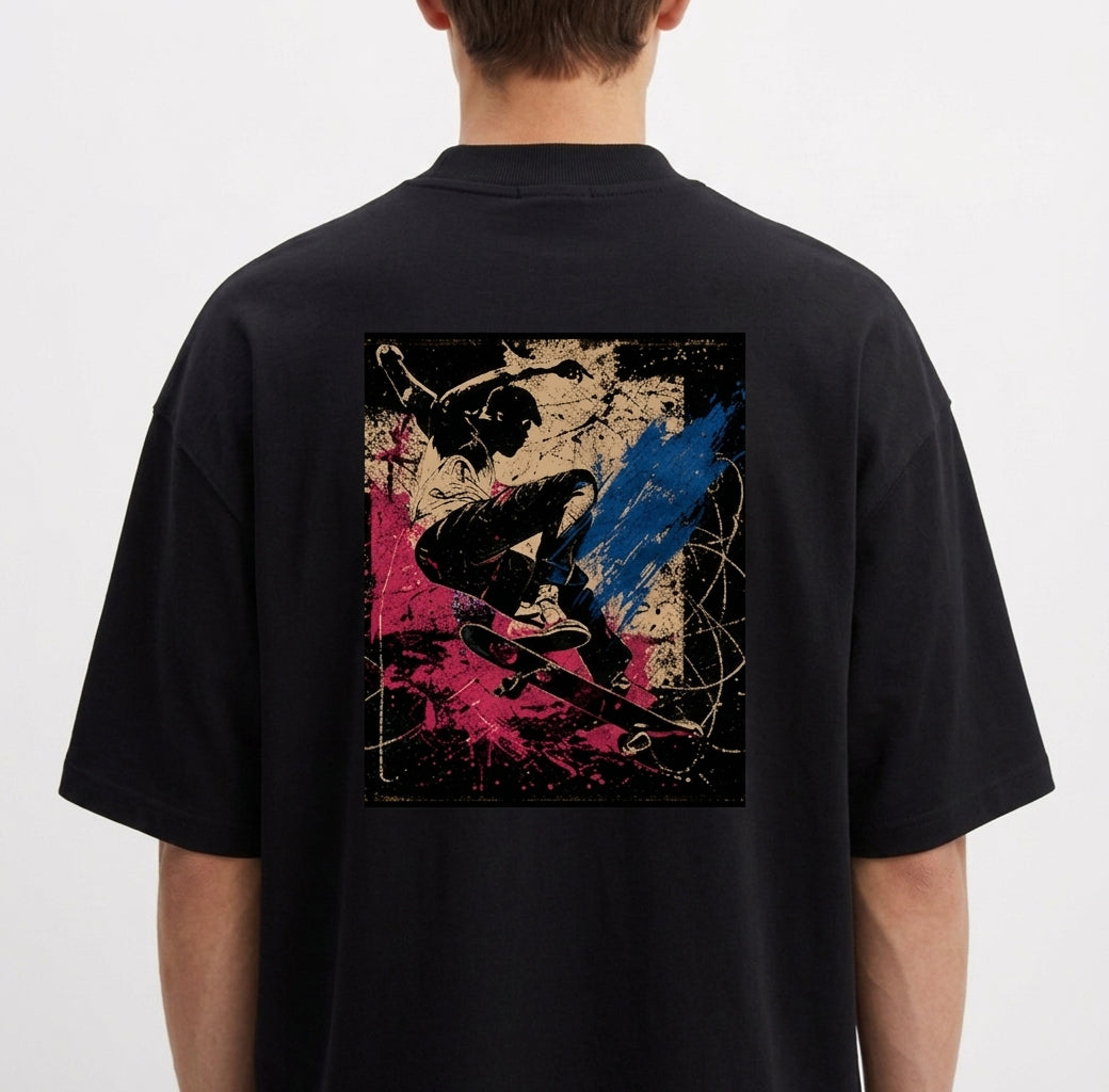 Camiseta com estampa frontal de símbolo geométrico simples no peito e estampa traseira de skatista em ação com efeito gráfico de tinta em respingos.