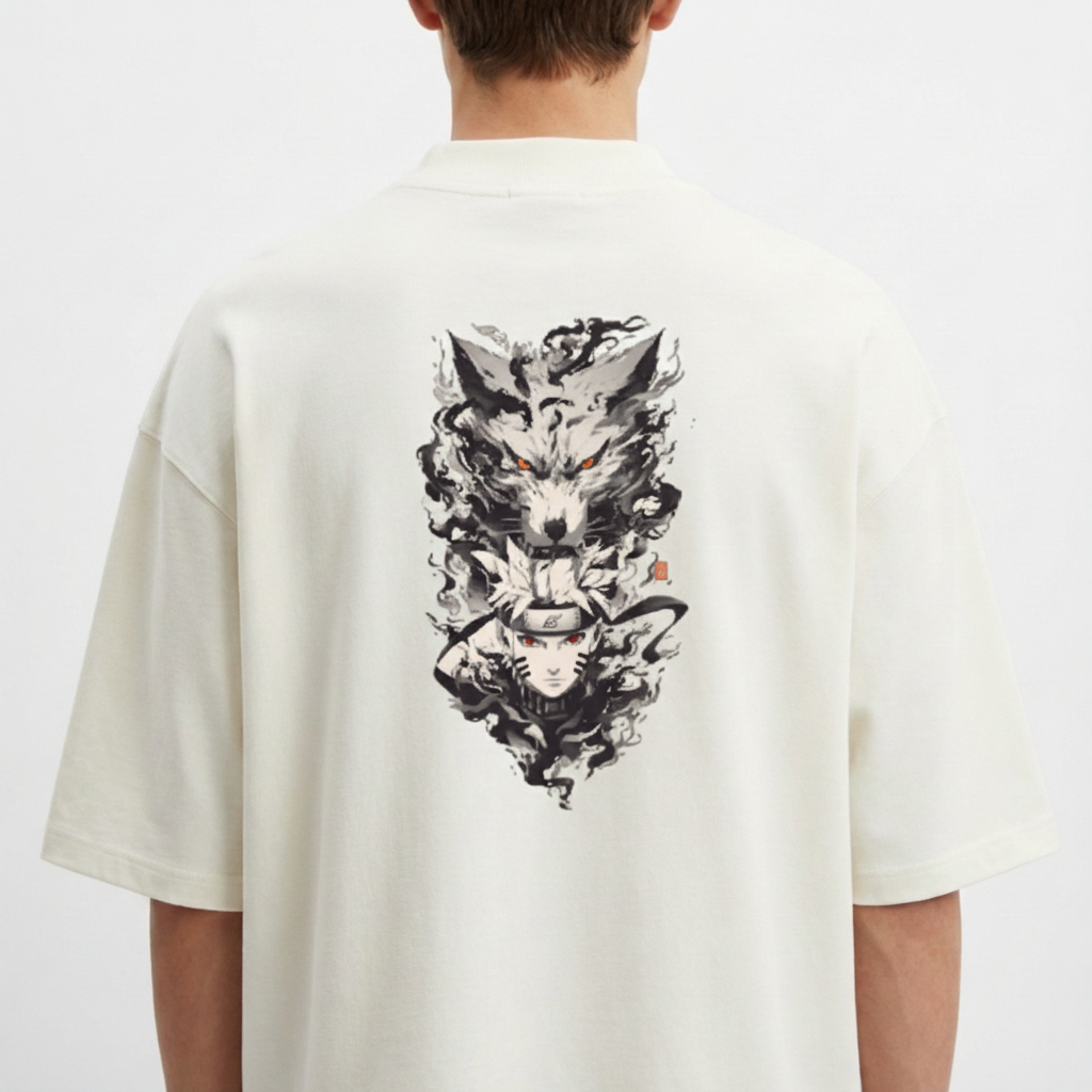 Camiseta com estampa frontal de rosto estilizado e estampa traseira de figuras sombrias sobrepostas, incluindo um lobo feroz e uma personificação misteriosa.