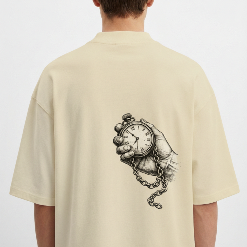 Camiseta com estampa frontal de "KRJ" estilizado e estampa traseira de mão segurando relógio de bolso com corrente detalhada.
