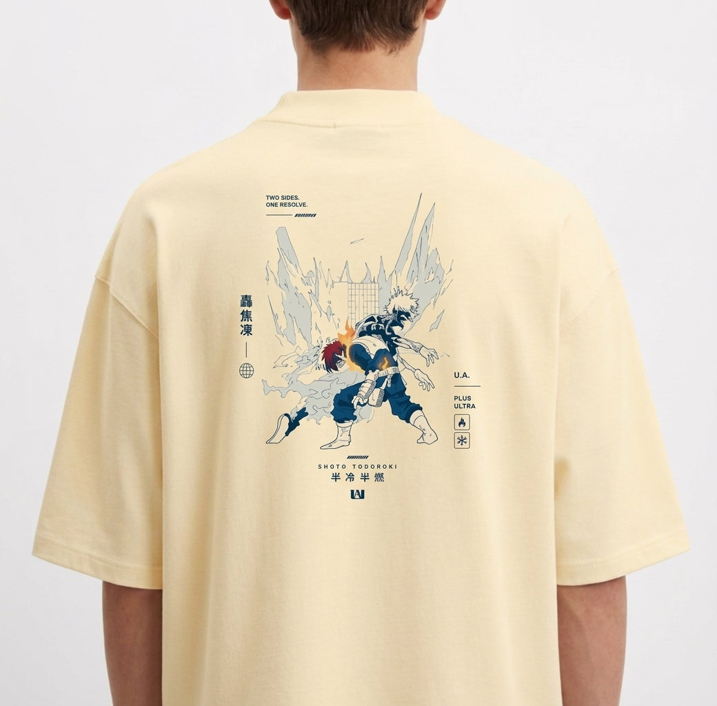 Camiseta com estampa frontal de chama e gelo entrelaçados e estampa traseira de personagem em ação com fundo dinâmico, texto e símbolos decorativos.