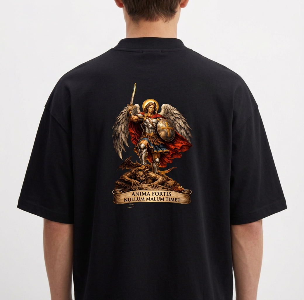 Camiseta com estampa frontal de logotipo estilizado "TK" e estampa traseira de figura angelical com asas, espada e escudo, acompanhada de inscrição latina.