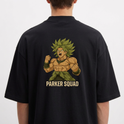Camiseta com estampa frontal de letras estilizadas e estampa traseira de personagem musculoso em pose de poder acompanhado da frase "PARKER SQUAD".