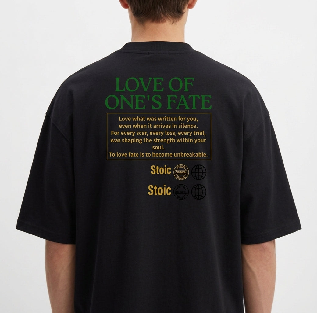 Camiseta com estampa frontal de "Stoic" no peito e estampa traseira com o texto "Love of One's Fate", acompanhada de parágrafo reflexivo e símbolos.
