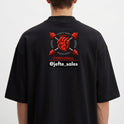 Camiseta com estampa frontal de coração entre halteres com "PERSONAL @jefte_sales" e estampa traseira ampliada do mesmo design detalhado.