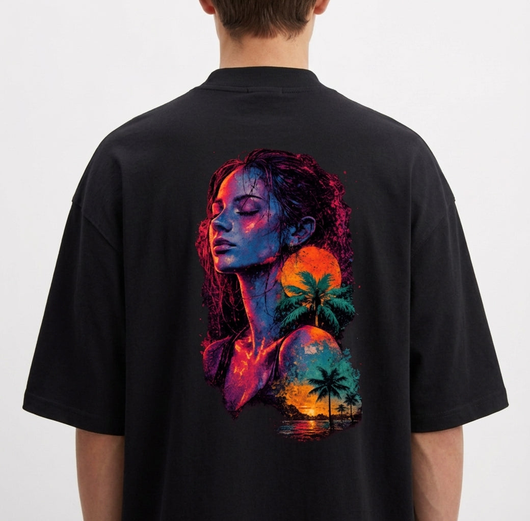 Camiseta com estampa frontal de círculo minimalista e estampa traseira de retrato feminino artístico em tons vibrantes com palmeiras e pôr do sol ao fundo.