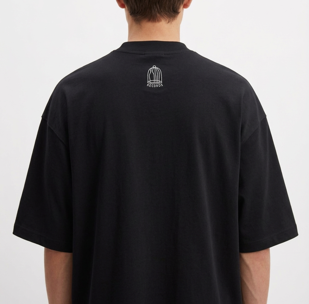 Camiseta com estampa frontal de dois personagens sentados com um dispositivo, um dos personagens sorridente e mãos aos ombros, e estampa traseira de gaiola minimalista com texto pequeno.