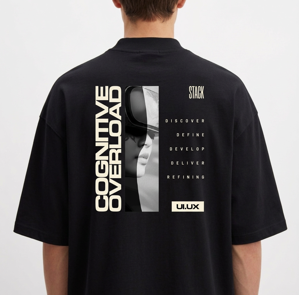 Camiseta com estampa frontal de logotipo vertical minimalista e estampa traseira de texto "Cognitive Overload", imagem digital de rosto e elementos textuais.