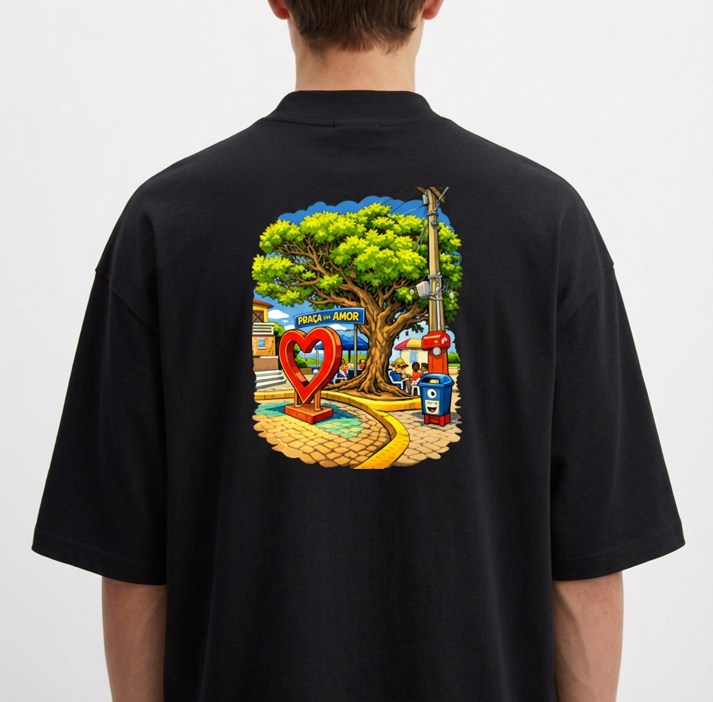 Camiseta com estampa frontal de "PITANGUI" sublinhado e estampa traseira de uma praça com árvore central, banco de madeira e placa de "PAZ E AMOR".