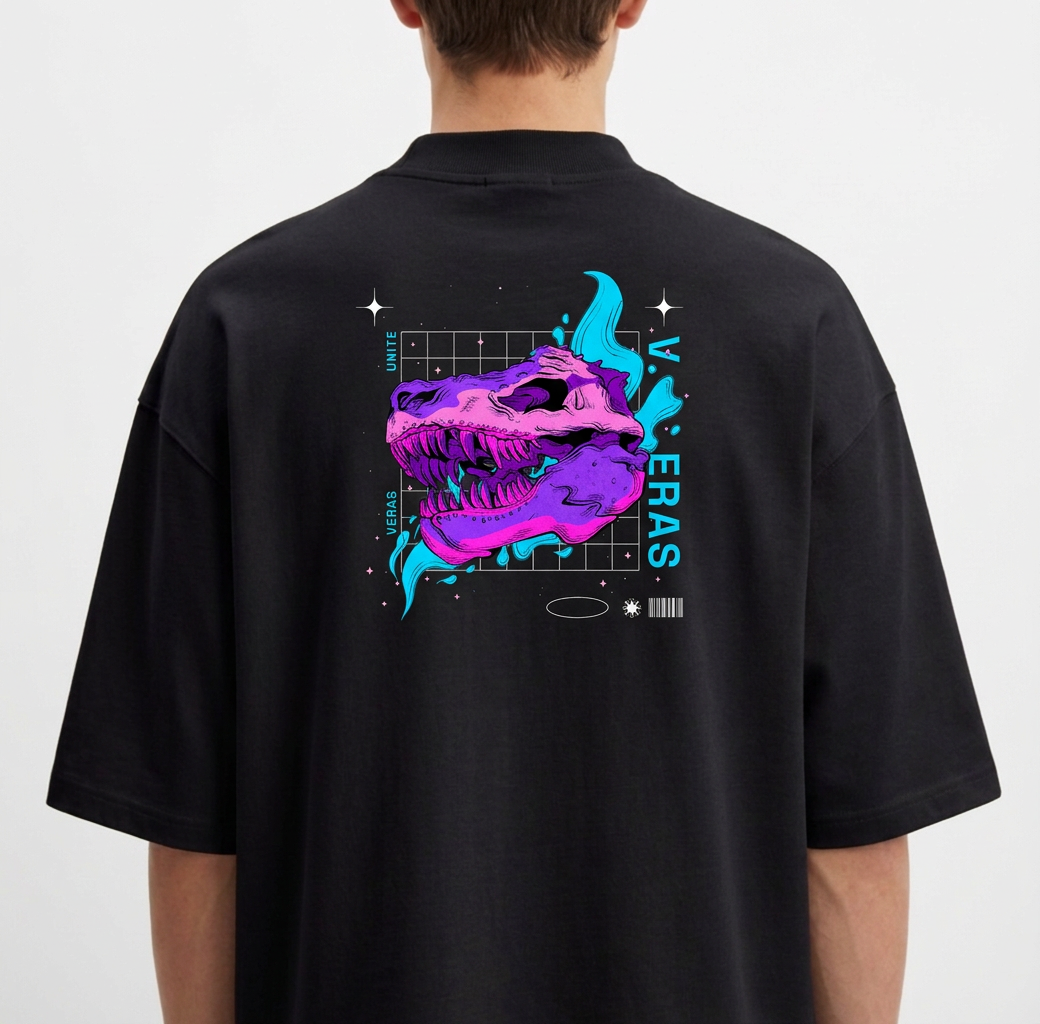 Camiseta com estampa frontal de logotipo estilizado pequeno e estampa traseira de crânio roxo com detalhes gráficos, texto futurista e elementos geométricos.