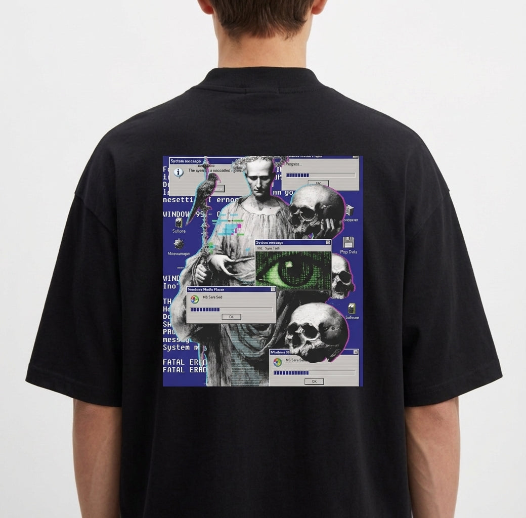 Moletom com estampa traseira de montagem digital composta por estátua clássica, crânios, olho pixelado e janelas de erro, sobre fundo de código azul.