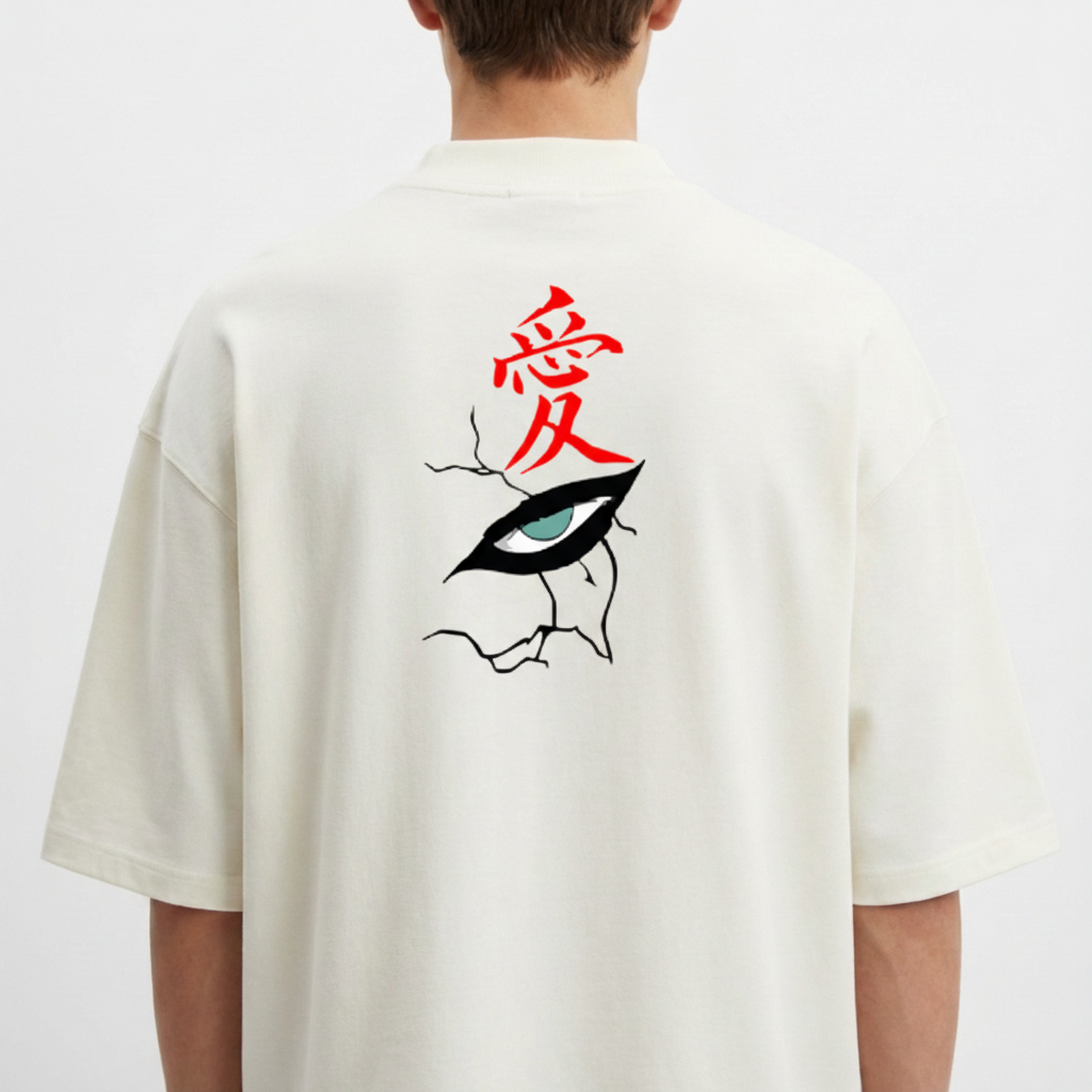 Camiseta com estampa frontal de personagem com expressão confiante e cabelo espetado e estampa traseira de olho dramático cercado por rachaduras com símbolo.