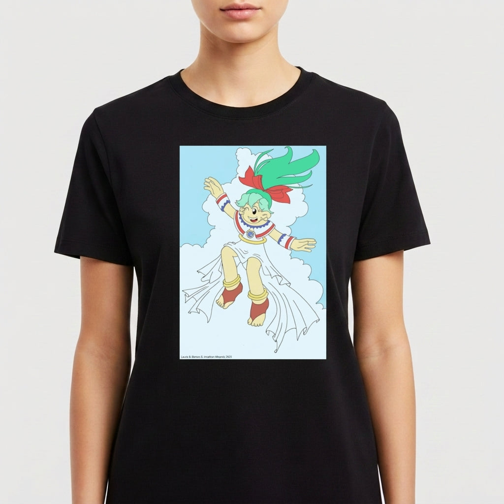 Camiseta com estampa frontal de personagem animado sorridente com cabelos esvoaçantes e laço, em pose dinâmica, cercada por nuvens brancas.