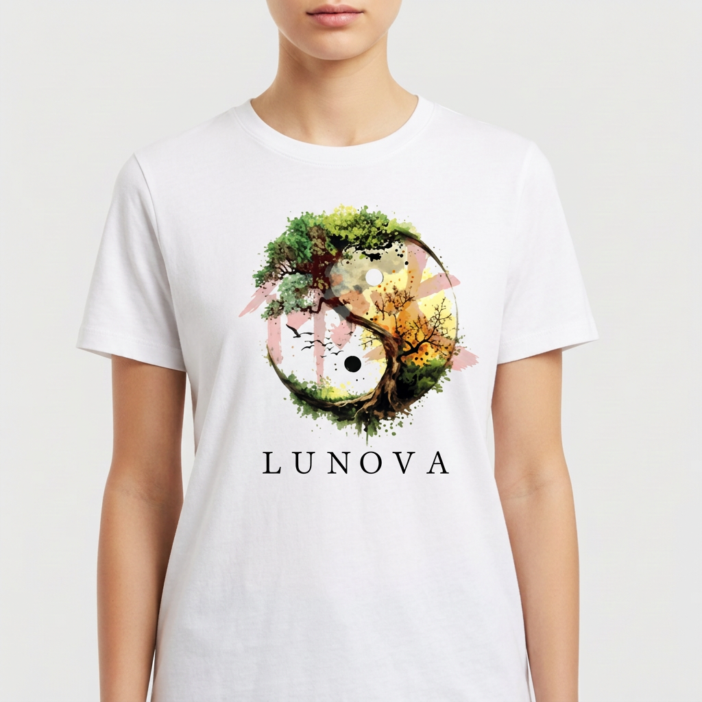 Camiseta com estampa frontal de um yin yang formado por elementos naturais como árvores e vegetação, com a palavra "LUNOVA" abaixo.