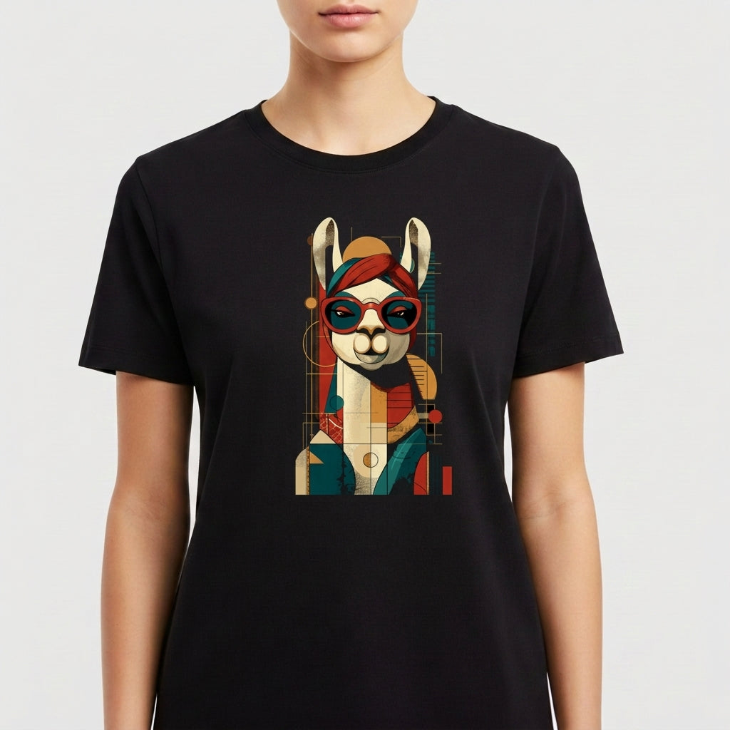 Camiseta com estampa frontal de uma lhama estilizada usando óculos escuros, com elementos geométricos e um visual artístico moderno.