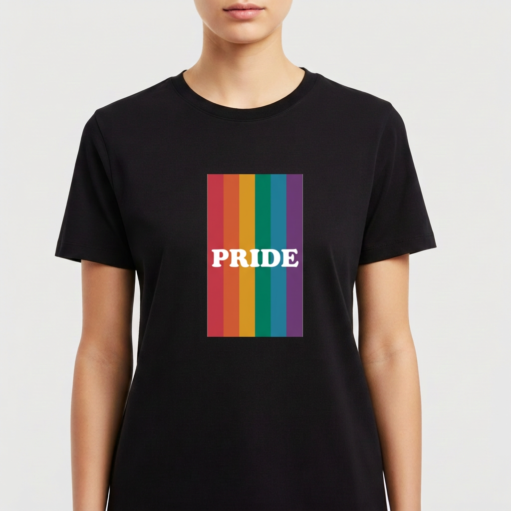 Camiseta com estampa frontal de listras verticais em seis tons diferentes e a palavra "PRIDE" centralizada em uma fonte de destaque.