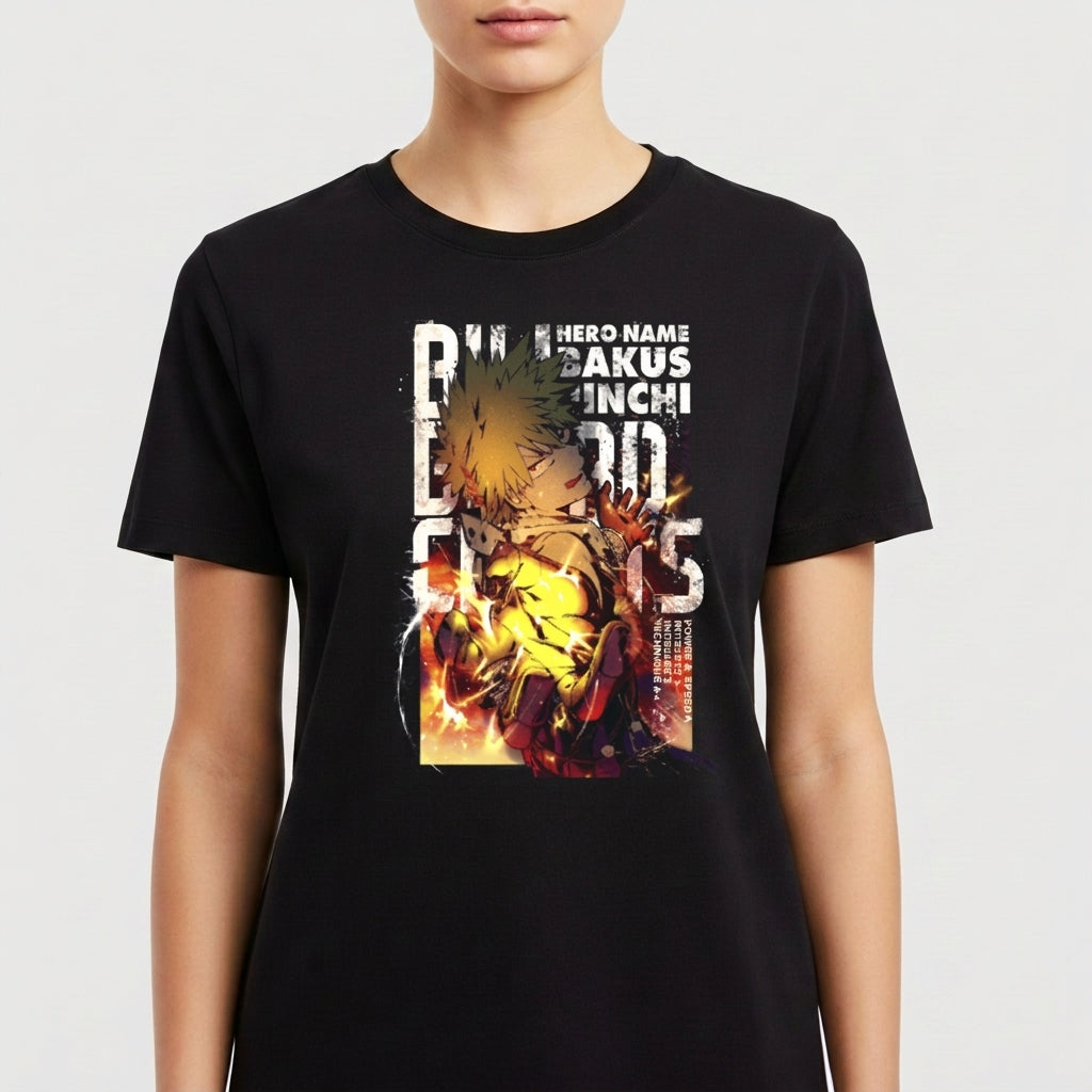 Camiseta com estampa frontal de personagem de anime em pose dinâmica, cercado por efeitos explosivos e inscrições estilizadas na área superior.