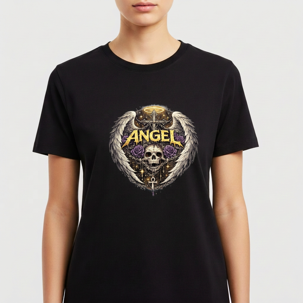 Camiseta com estampa frontal de um crânio com asas, rosas púrpuras, chave e halo dourado, sob a palavra "Angel" em estilo gótico impactante.