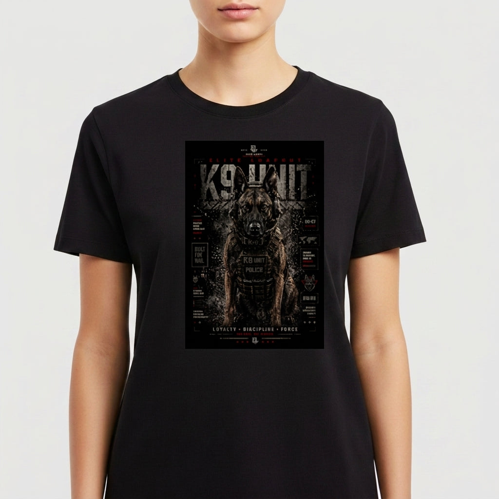 Camiseta com estampa frontal de um cão policial em uniforme tático, rodeado por textos como "K9 UNIT" e palavras como "LOYALTY", "DISCIPLINE", "FORCE".
