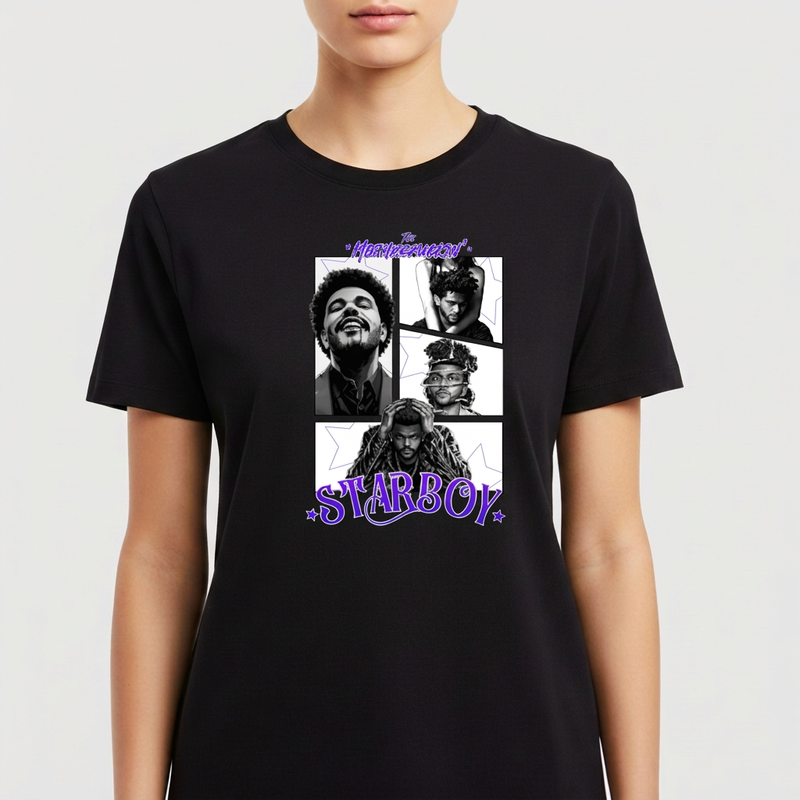 Camiseta com estampa frontal de quatro retratos em quadrinhos de um artista musical, acompanhada do texto estilizado "Starboy" e "House of Balloons".