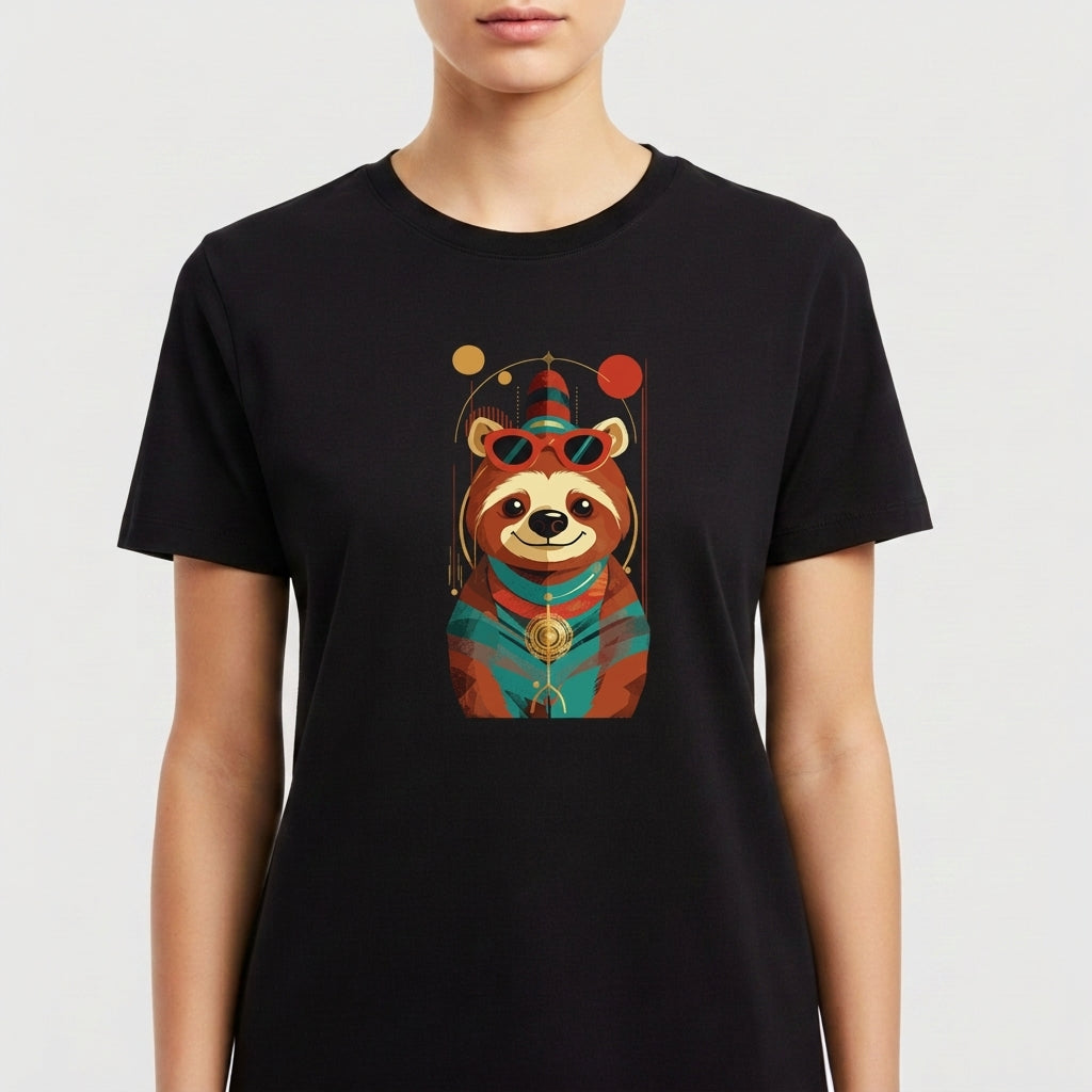 Camiseta com estampa frontal de um panda estilizado usando óculos e roupas coloridas, ornado com padrões geométricos e elementos circulares.