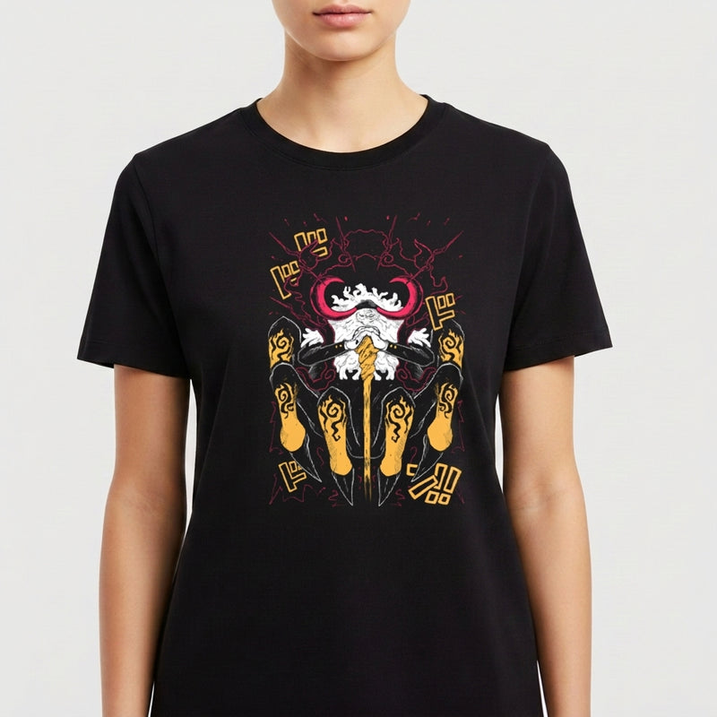Camiseta com estampa frontal de calopsita ninja empunhando espadas amarelas, com detalhes de símbolos místicos e fundo de raios em estilo quadrinhos.