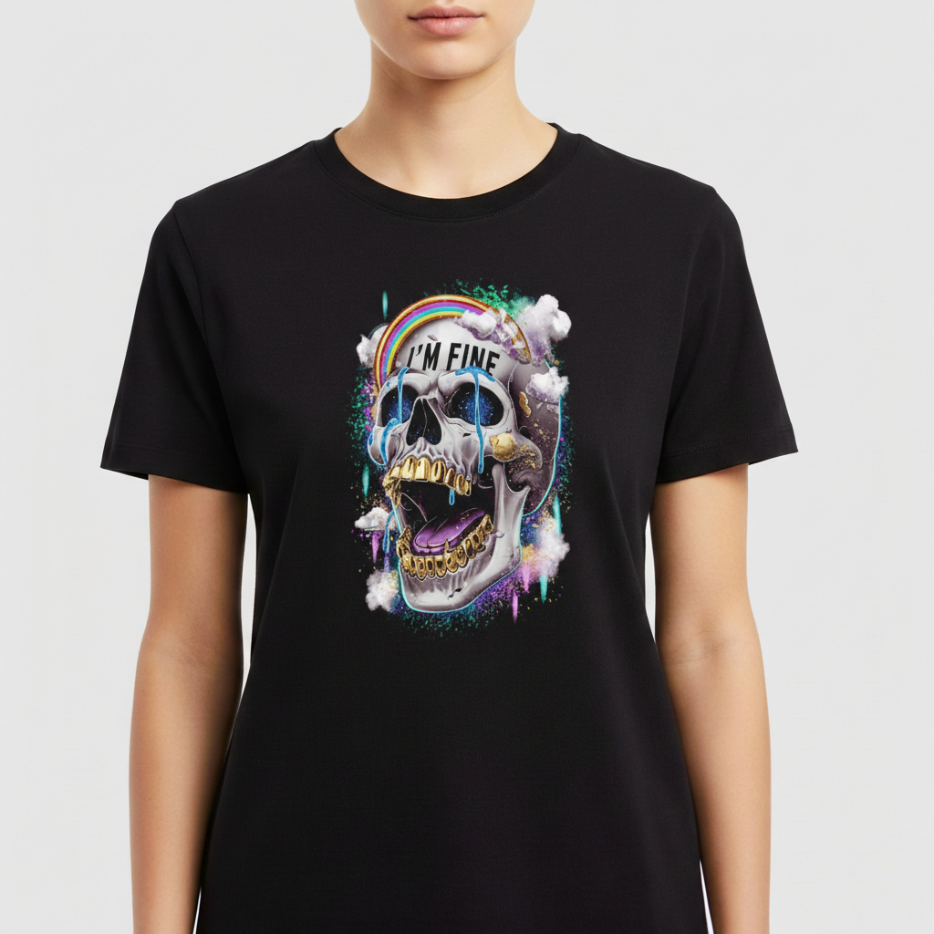 Camiseta com estampa frontal de caveira estilizada com dentes dourados, arco-íris, nuvens e texto "I'M FINE", cercada por efeitos de pintura colorida.