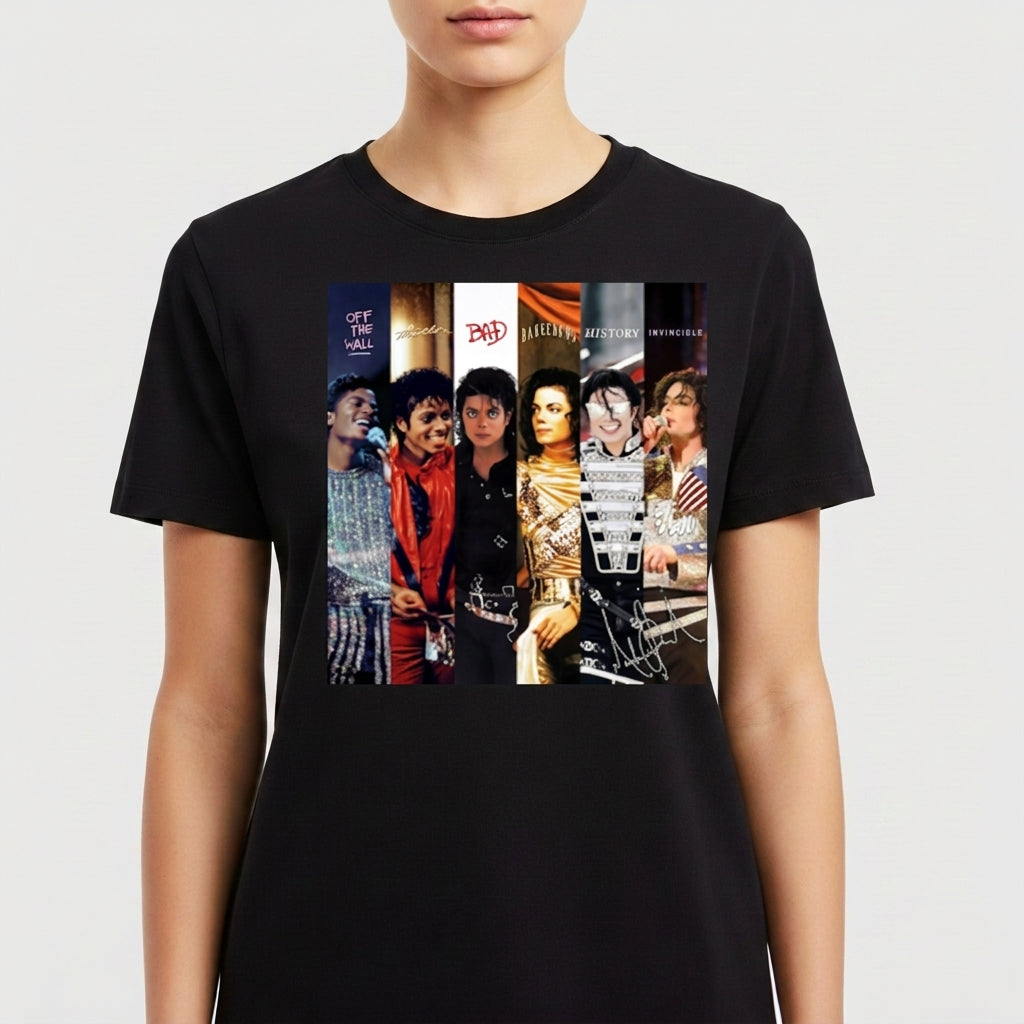 Camiseta com estampa frontal de montagens de diferentes álbuns de um famoso artista musical, com colagem de capas e retratos icônicos de várias fases.