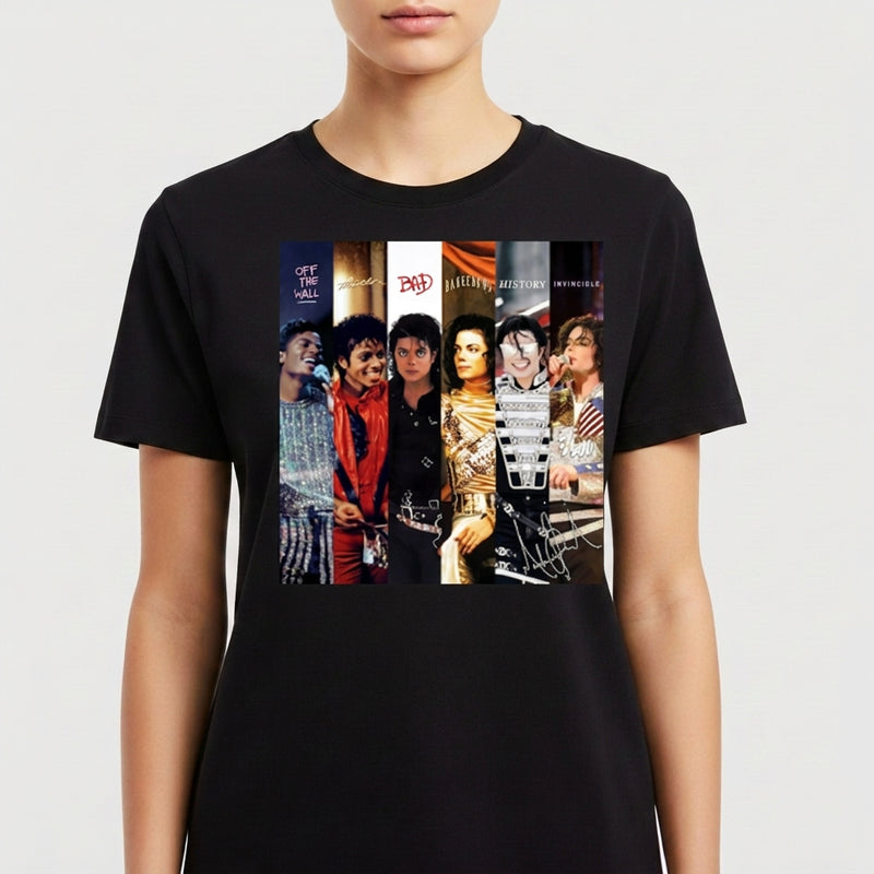 Camiseta com estampa frontal de montagens de diferentes álbuns de um famoso artista musical, com colagem de capas e retratos icônicos de várias fases.