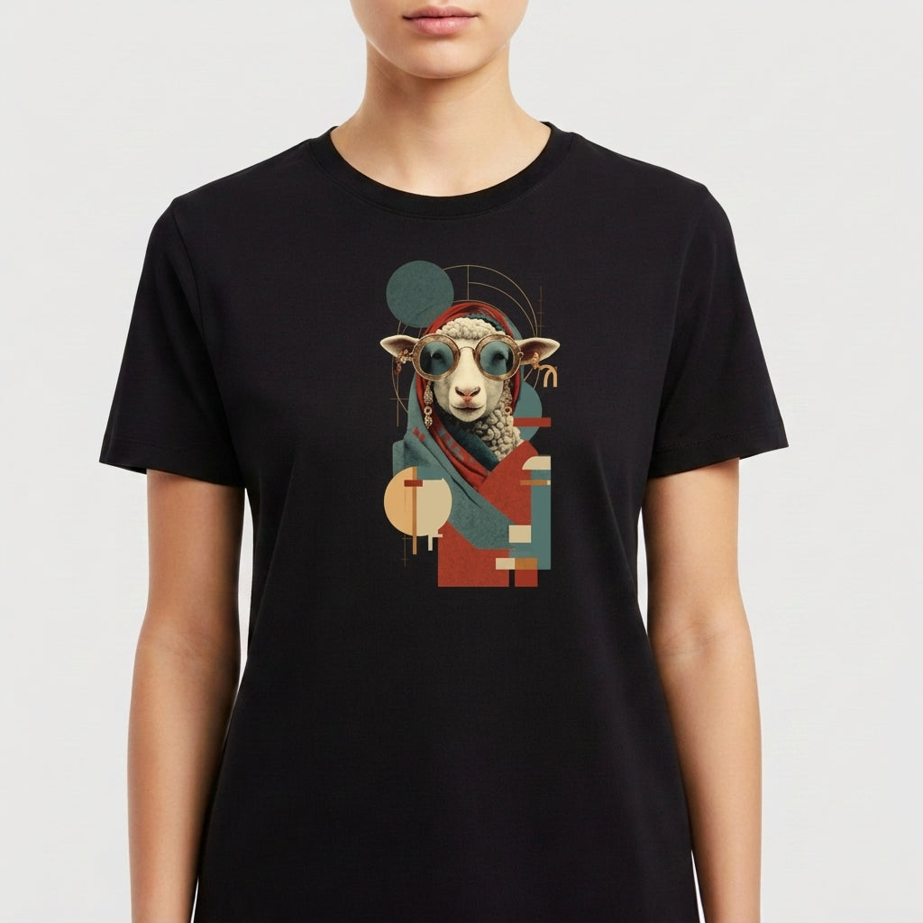 Camiseta com estampa frontal de ovelha estilizada usando óculos de sol, com elementos geométricos sobrepostos, incluindo círculos e retângulos diversos.