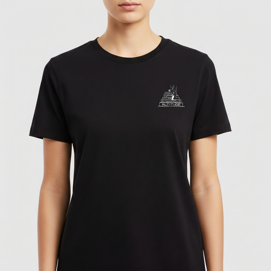 Camiseta com estampa frontal de uma estrutura piramidal com detalhes arquitetônicos e texto na base.
