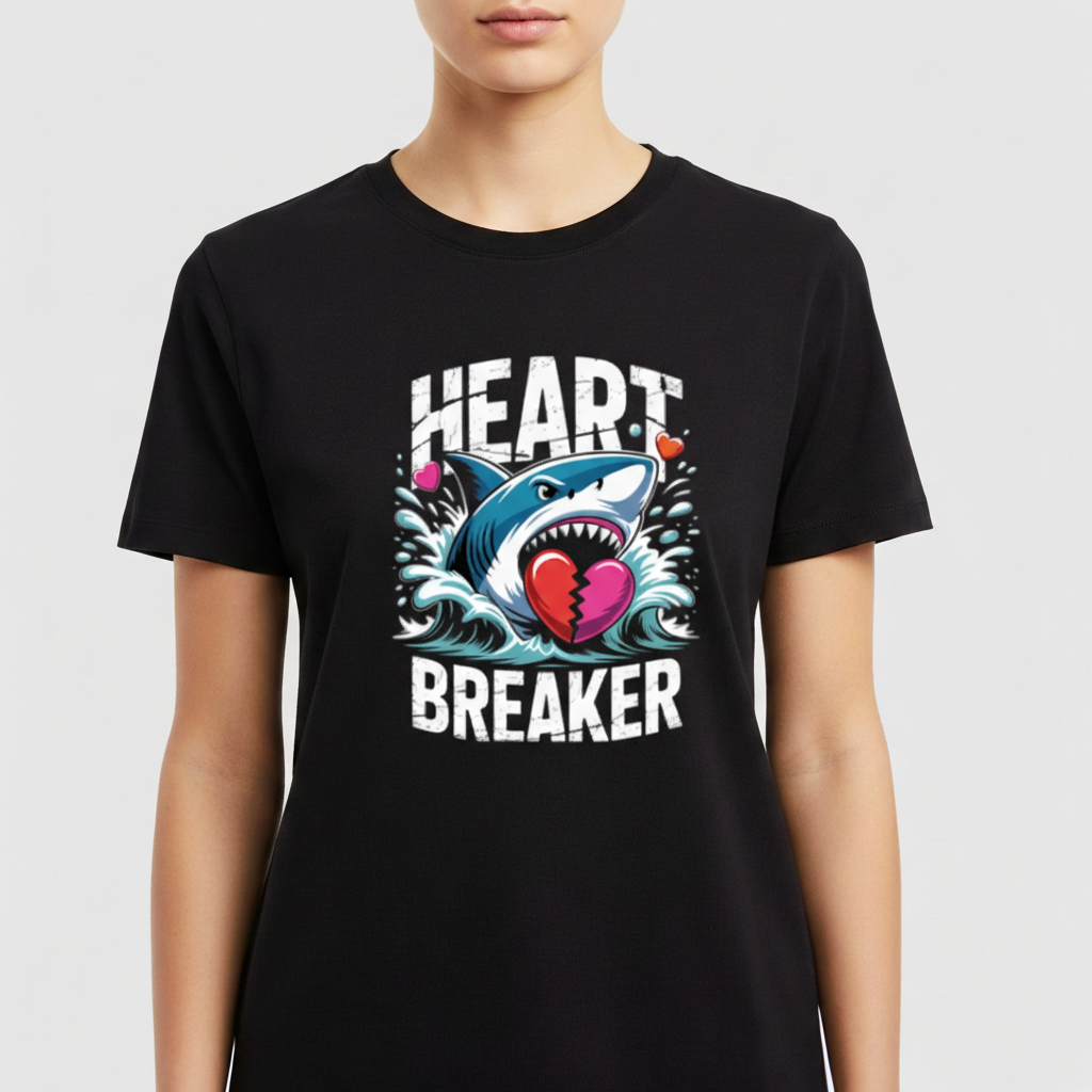Camiseta com estampa frontal de tubarão sorridente segurando coração partido, rodeado por ondas e três corações menores, texto "Heart Breaker" ao redor.