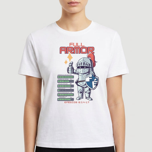 Camiseta com estampa frontal de um cavaleiro em armadura cheia, segurando um escudo com a letra "F", cercado por barras com textos e a inscrição "EFESIOS 6:14-17".