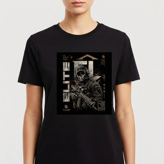 Camiseta com estampa frontal de soldado usando capacete e óculos escuros, empunhando um rifle, sobreposto à palavra "ELITE" em estilo gráfico moderno.