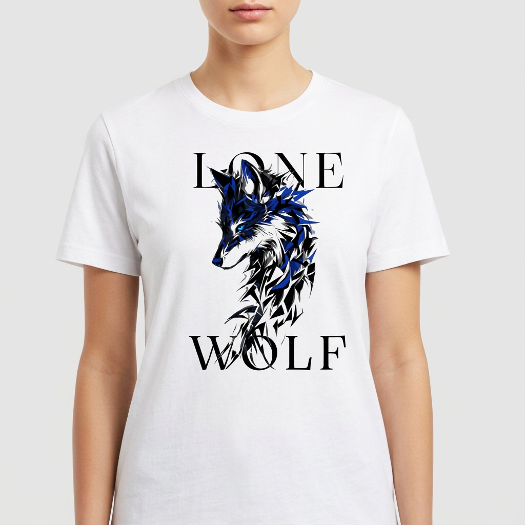 Camiseta com estampa frontal de lobo estilizado em traços geométricos com detalhes contrastantes e as palavras "Lone Wolf" dispostas acima e abaixo.
