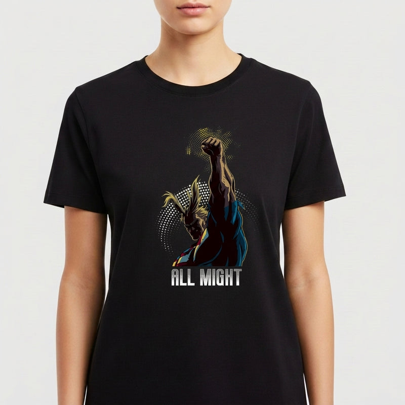 Camiseta com estampa frontal de personagem erguendo o punho em estilo heróico, rodeado por pontos luminosos, acompanhada da inscrição "All Might".