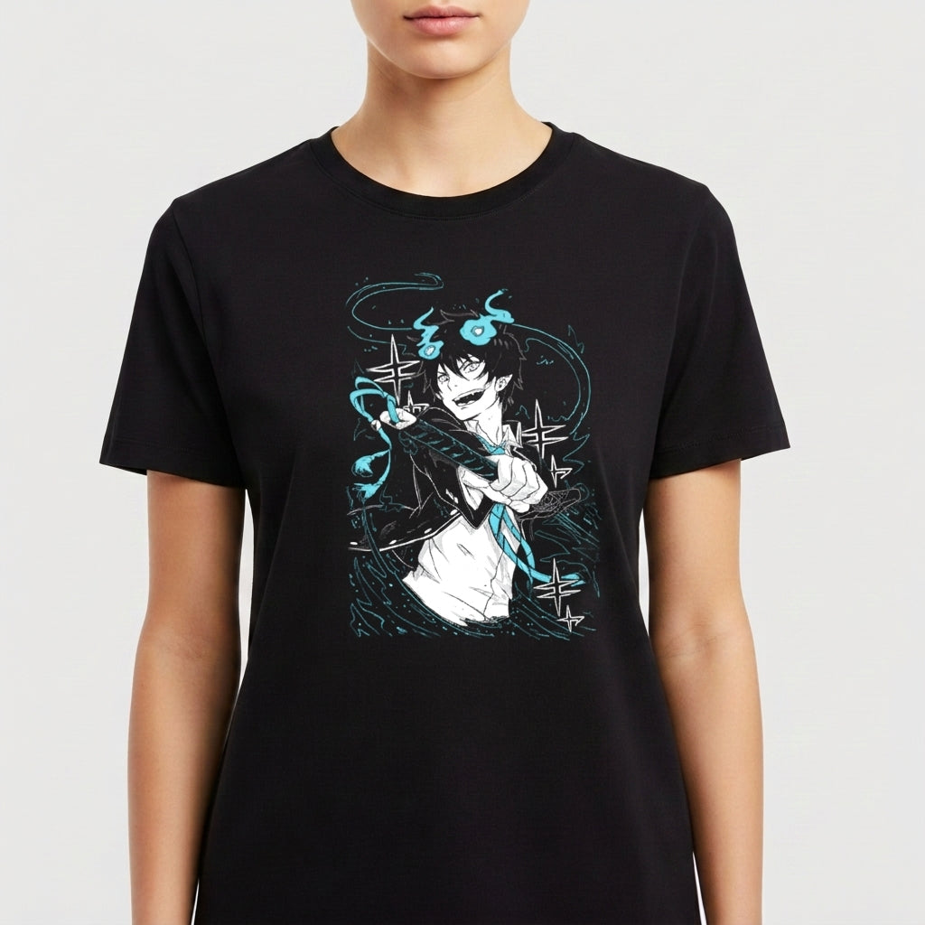 Camiseta com estampa frontal de personagem estilizado em ação, rodeado por elementos gráficos dinâmicos e energia fluindo, destacando sua postura confiante.