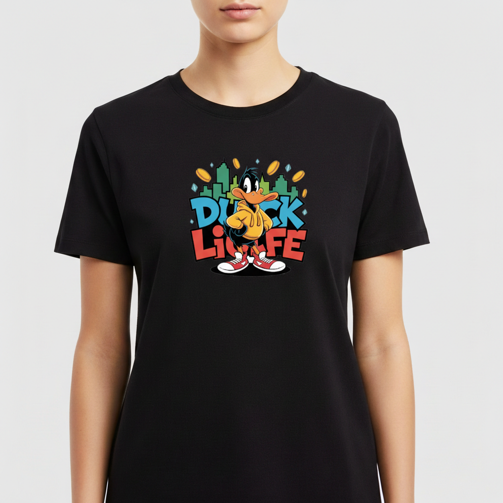 Camiseta com estampa frontal de pato estilizado em pose confiante, rodeado por moedas douradas, edifícios verdes e as palavras "Duck Life" em azul e vermelho.