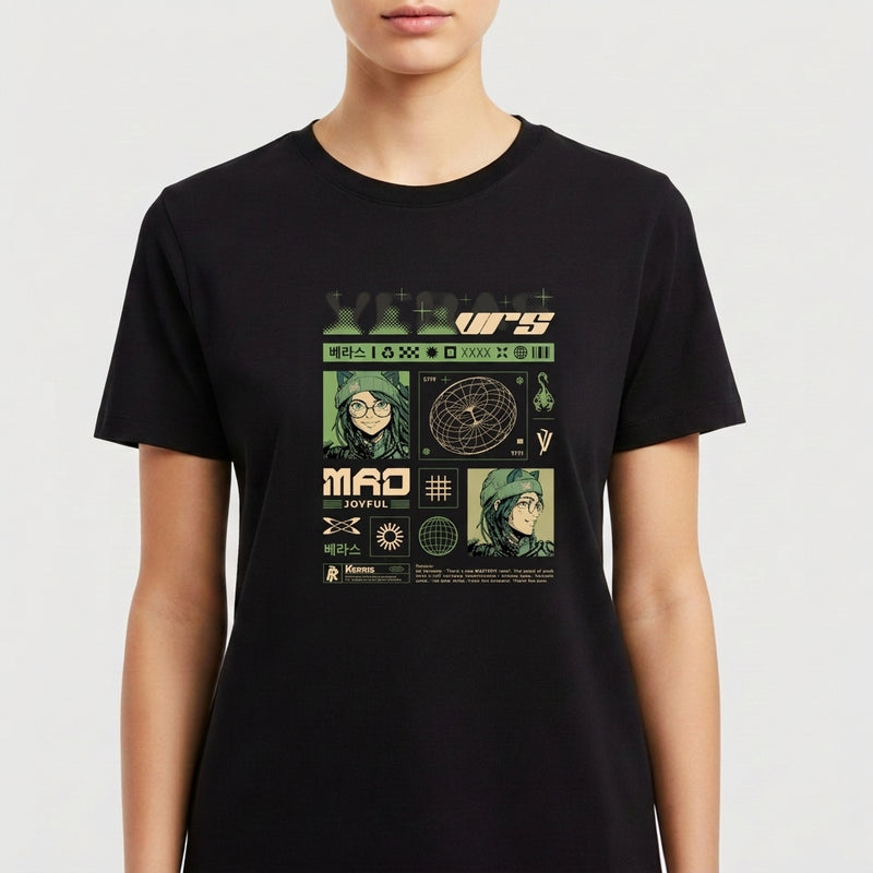 Camiseta com estampa frontal de figuras geometricas, ilustração de rosto em destaque com elementos gráficos e texto, e estampa traseira de símbolo minimalista centralizado.